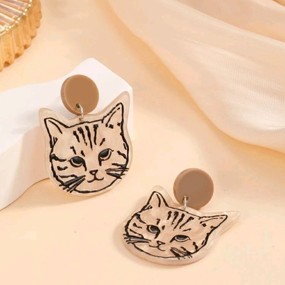 Kitty Cat Face Design Acrylic Dangling Drop Post Earrings - Picture 2 of 6